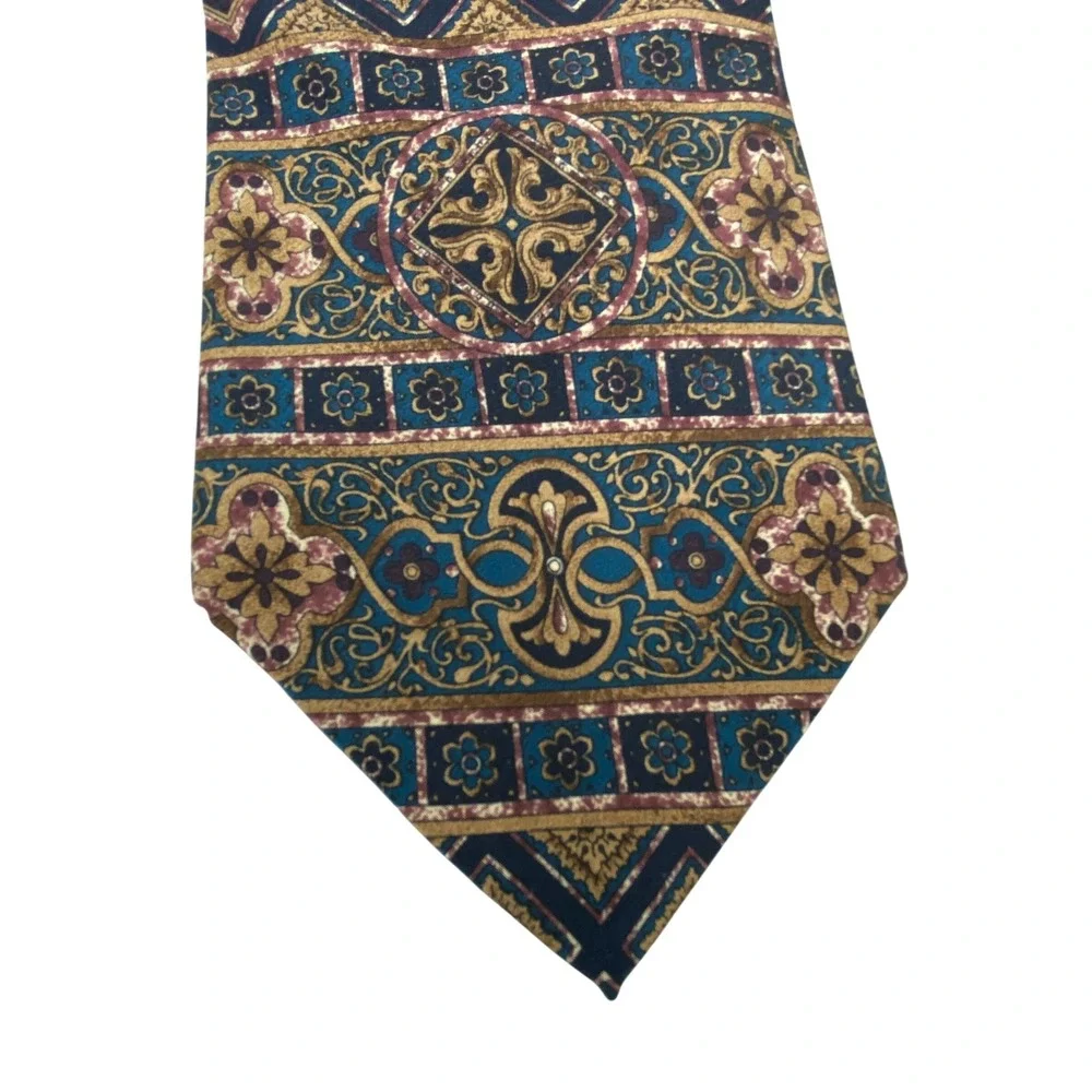 Hunting Horn Mens Tie Silk Medallion Floral‎ Geometric Blue Gold Canada 57x4